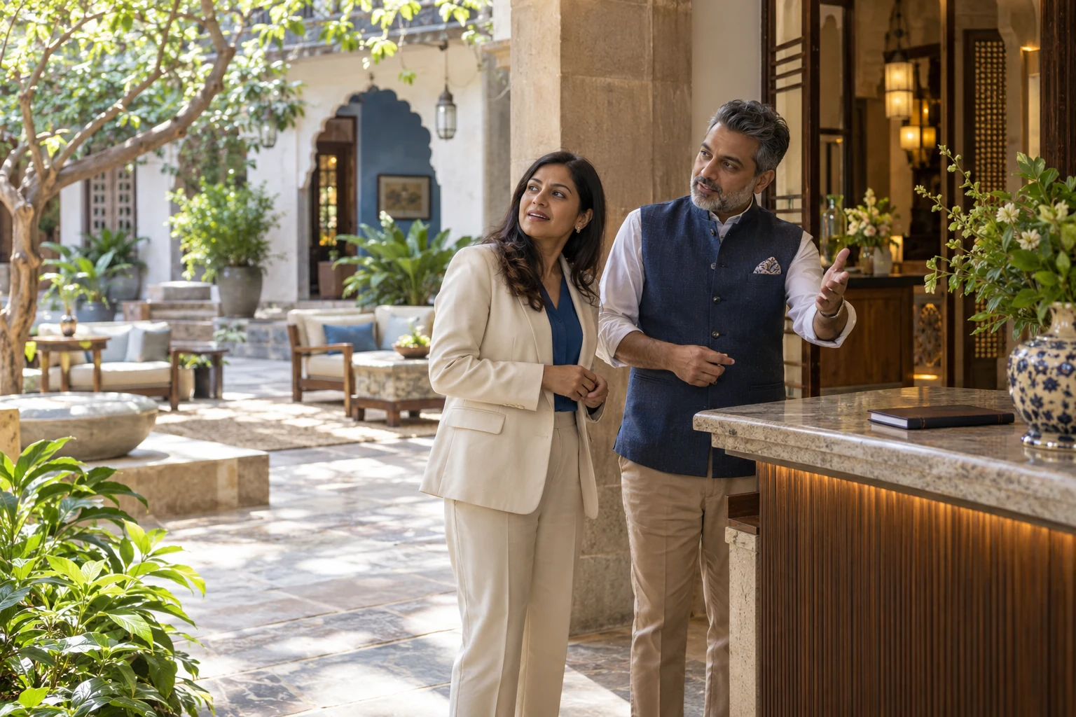 Independent hotel owner and hospitality advisor reviewing a boutique property