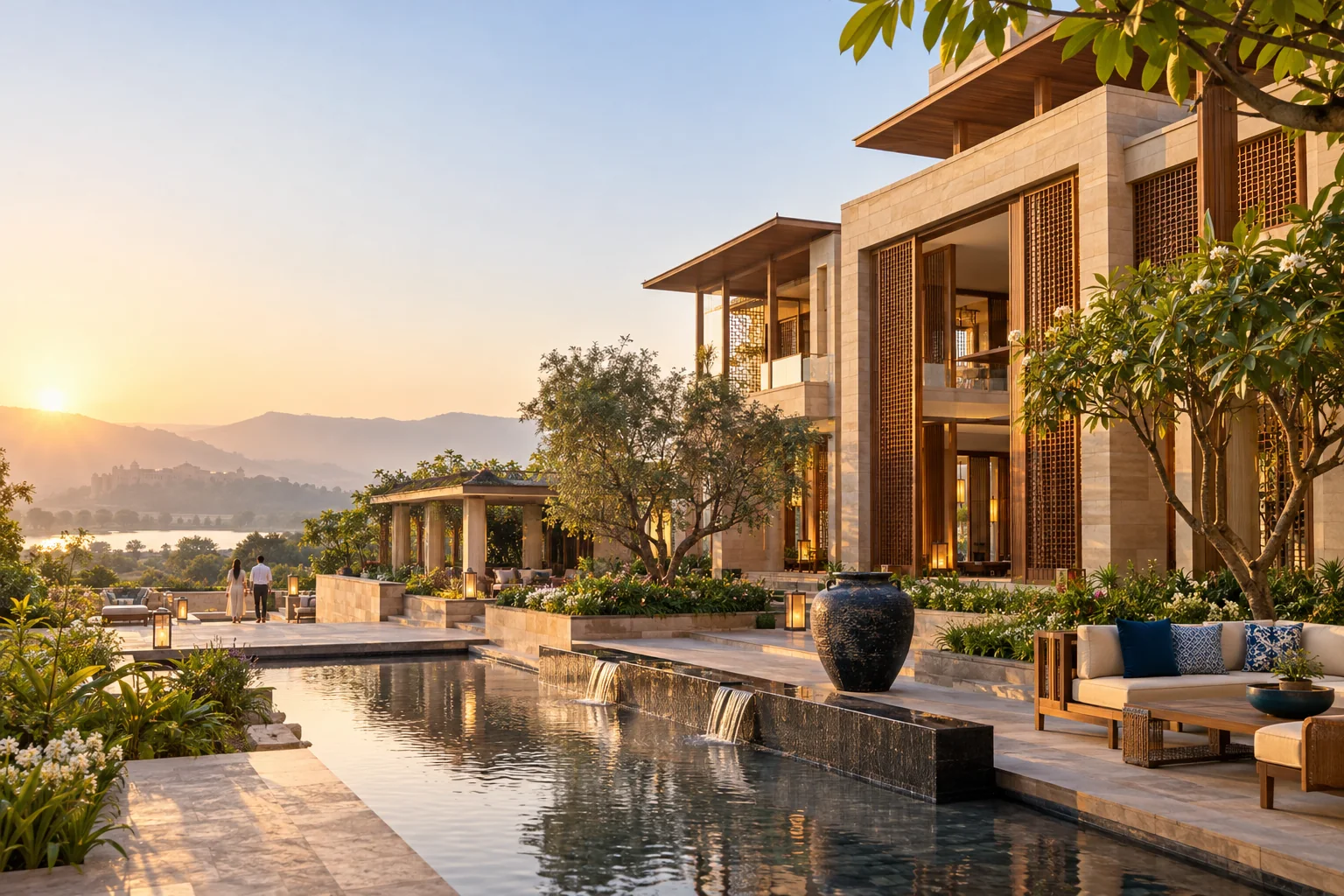 Contemporary independent Indian hotel in warm morning light